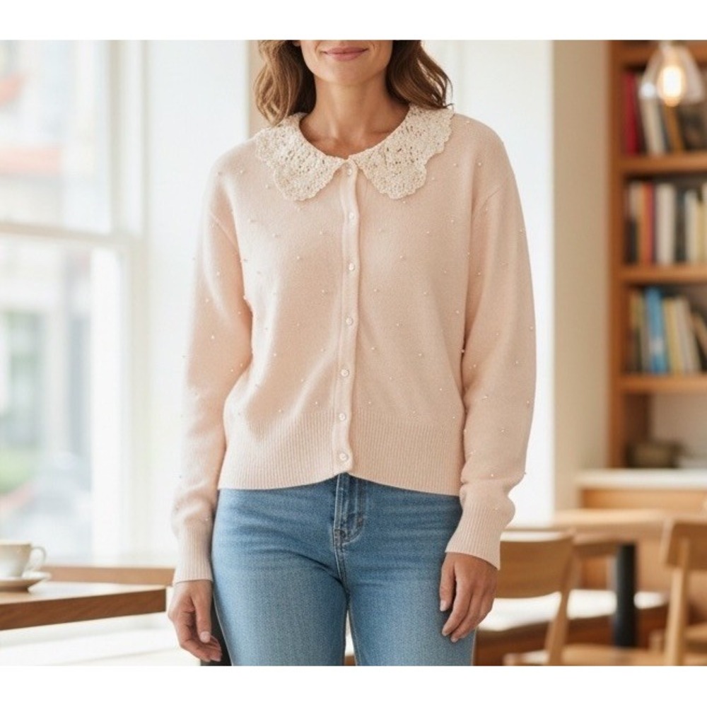Vintage Marisa Christina Classic Pink Wool/Angora Sweater Pearl Cardigan Medium
